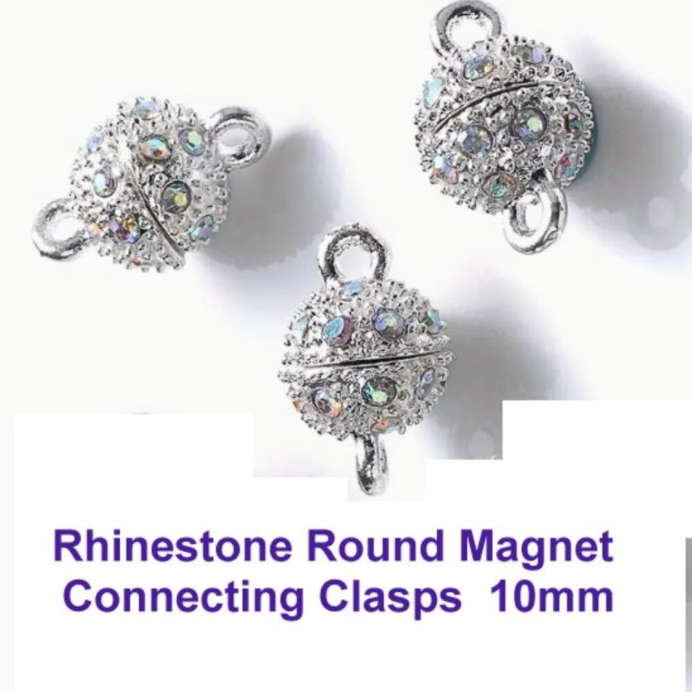 Magnetic Jewelry Clasps in Silver & Rhinestone.  10mm  Quantity 3